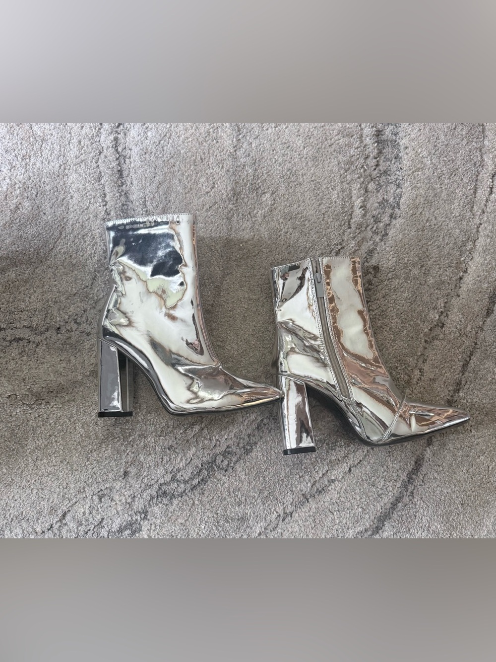 Metallic Silver Women's Ankle Boots - High Block Heel